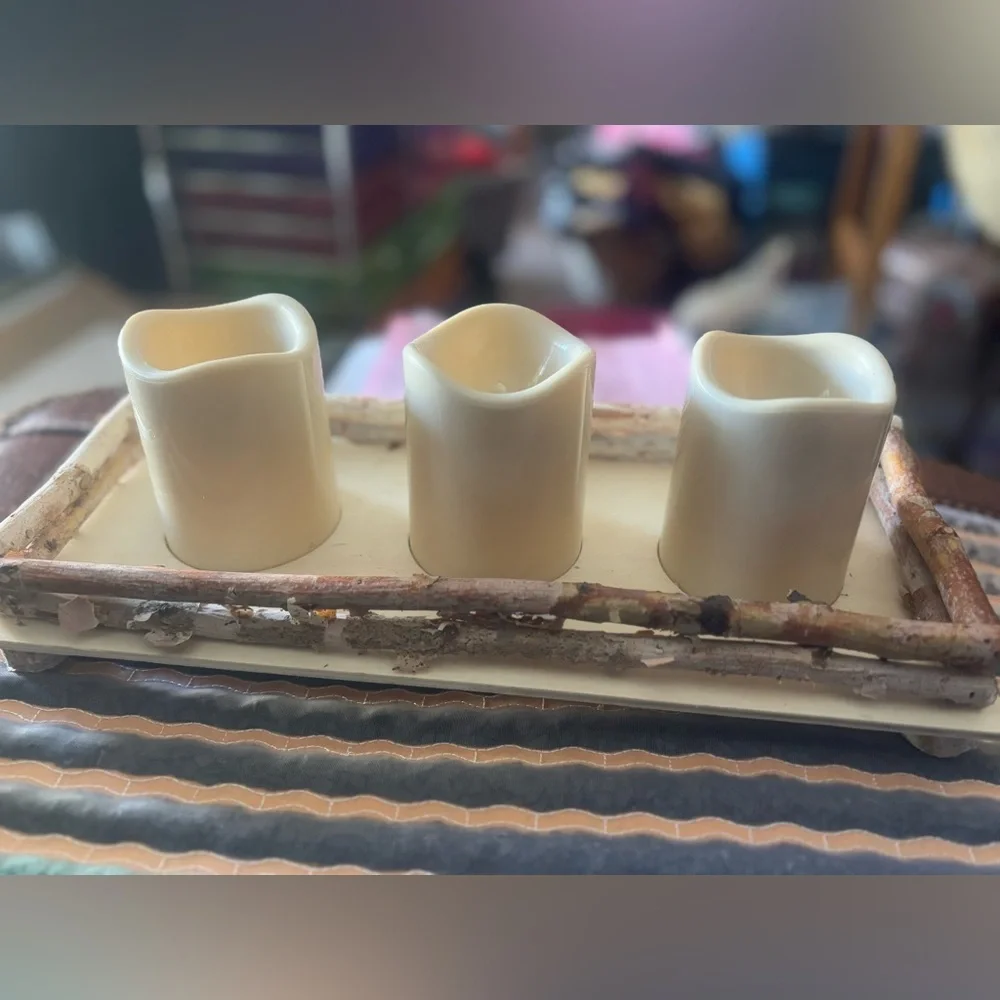 RUSTIC Cabin Wooden 3 Wick-less Battery Operated Candle Holder Decor Warm Yellow